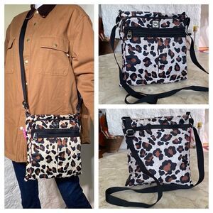 Brighton Nylon Tan Cheetah Leopard Print Large Multi Pocket Crossbody Purse Bag